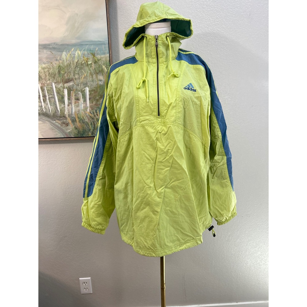 Vintage Adidas Windbreaker Lime Green Blue Hooded Jacket Mens XL